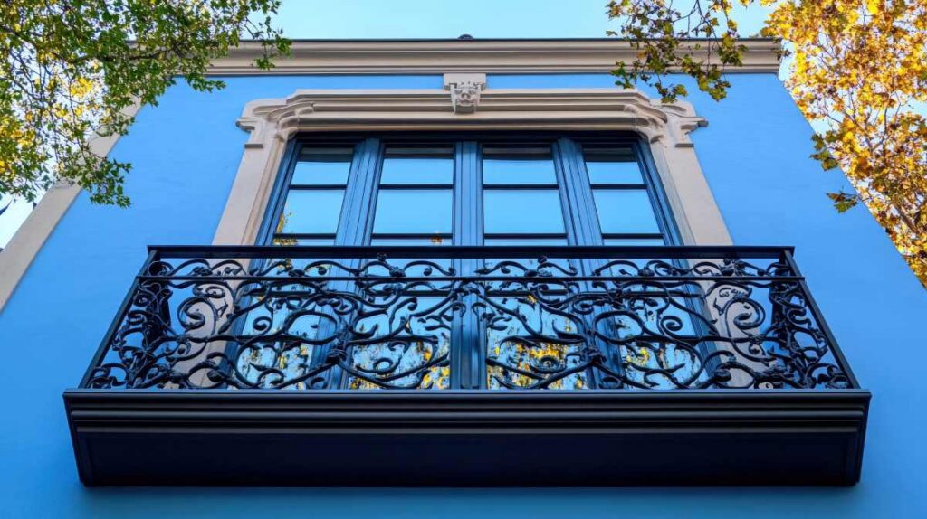 Windows reflecting autumn trees on building facade