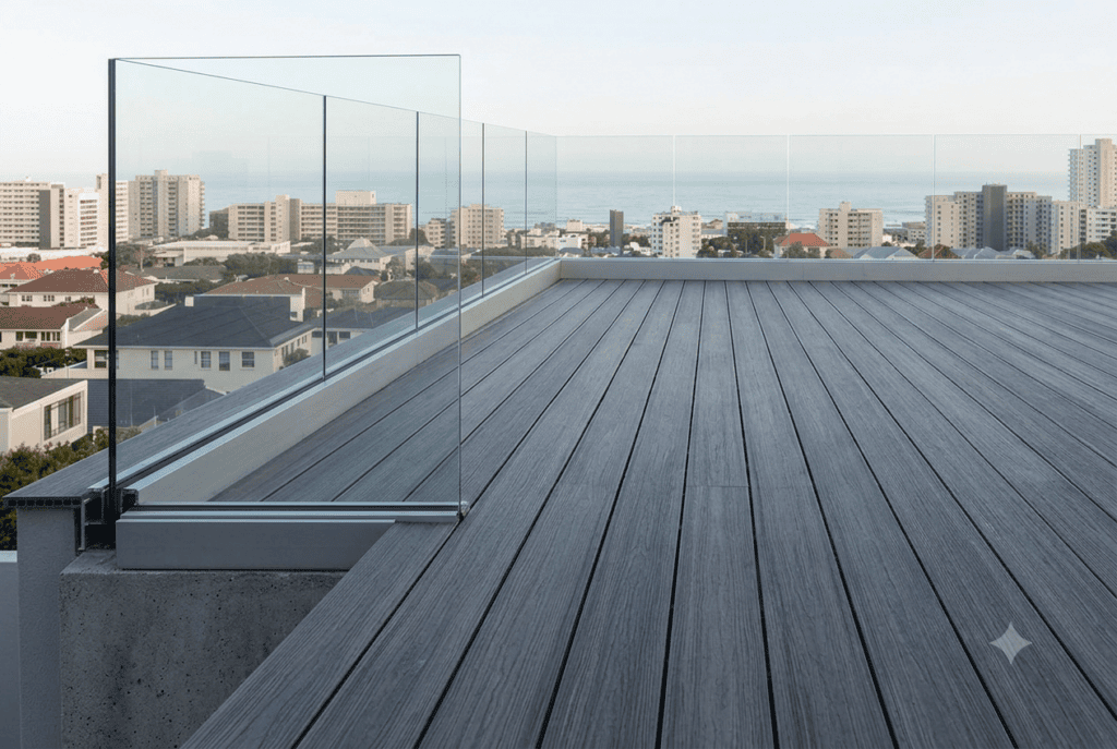 Frameless glass balustrade with base fixed channel on grey composite rooftop deck