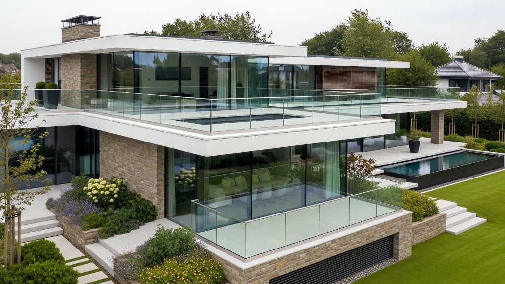 Modern Luxury Mansion with Glass Walls and Swimming Pool