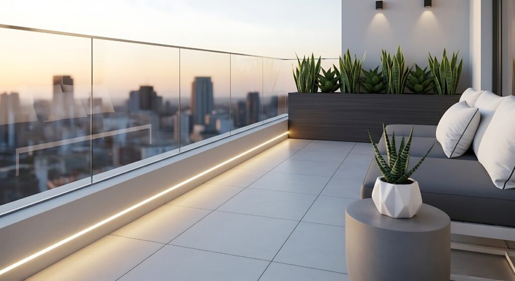 Minimalist balcony with modern chairs and clean open layout