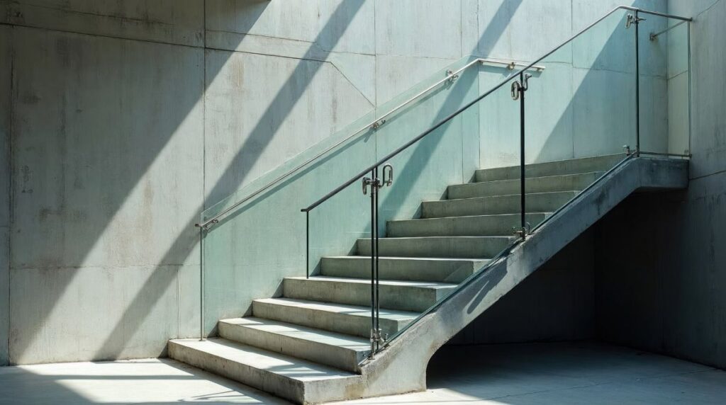 
A stairway with glass balustrade with railings