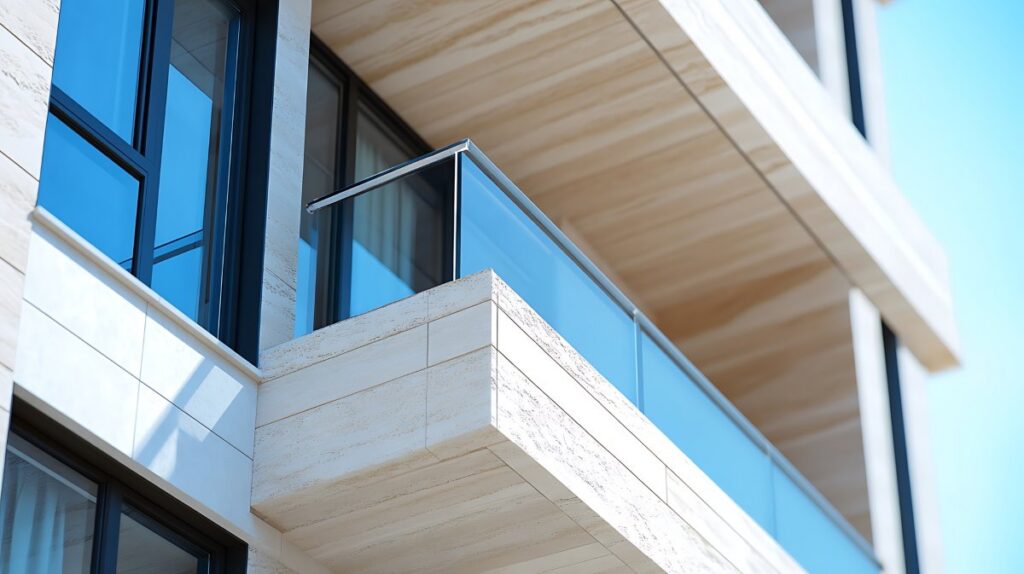 Stunning and unique modern house with glass balustrade on balcony