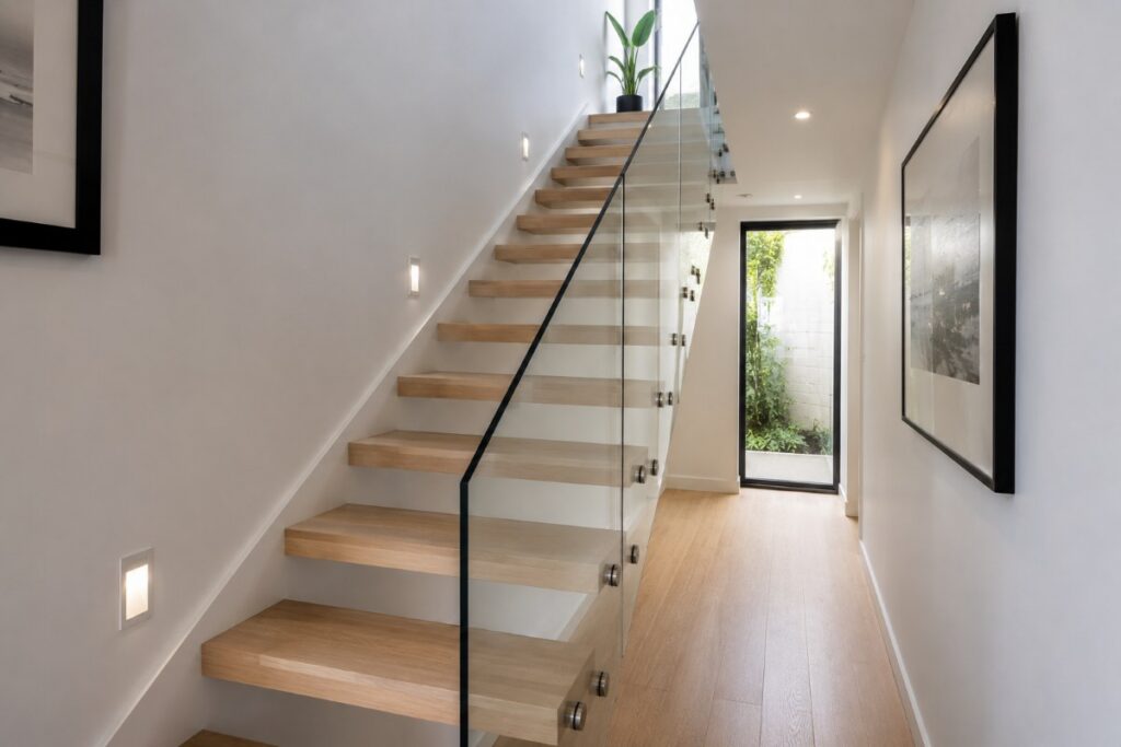 beautiful narrow staircases with frameless glass balustrade installed