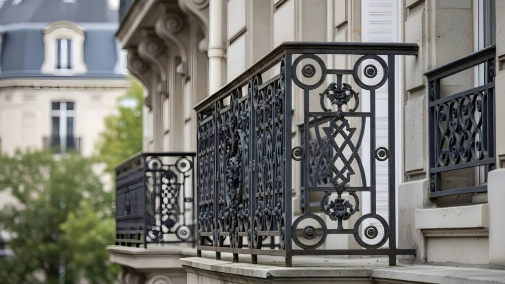 Close up of black metal balcony railings on a building