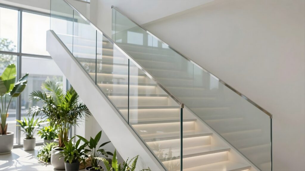 staircase with glass railings and plants