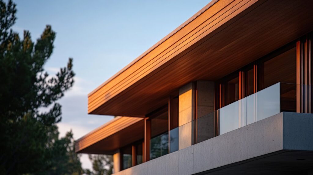 Modern, minimalist house exterior at sunset