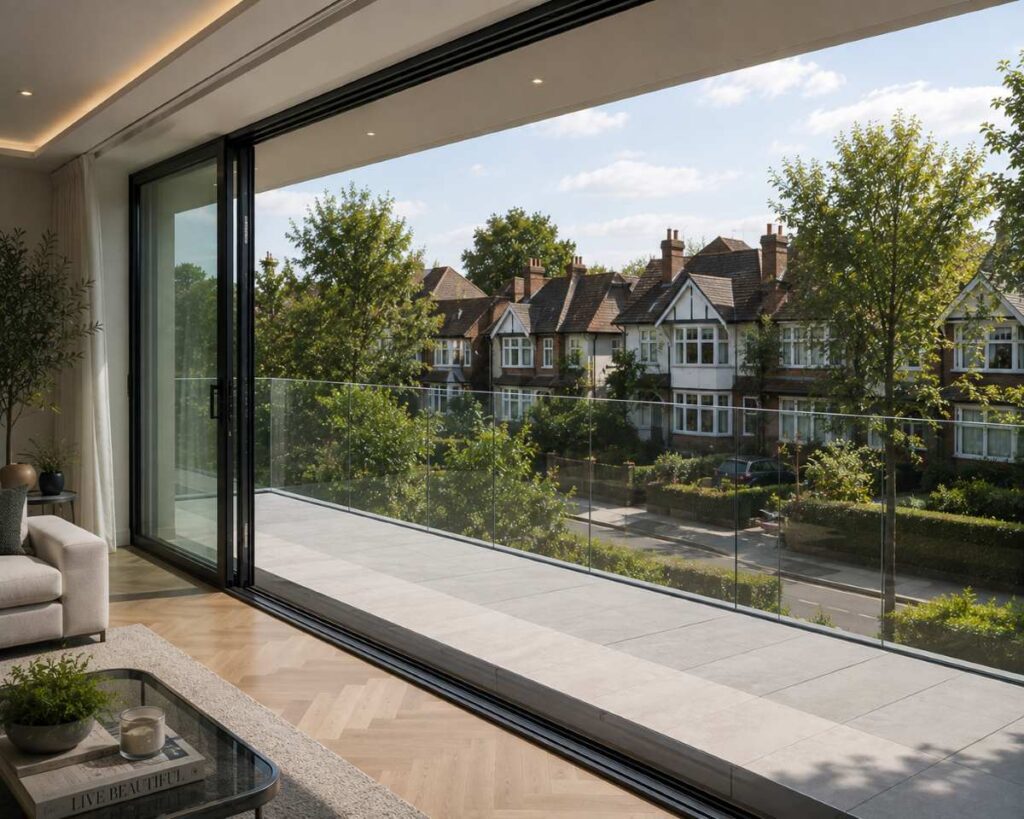 Glass balustrade on a modern balcony, overlooking traditional houses and trees.