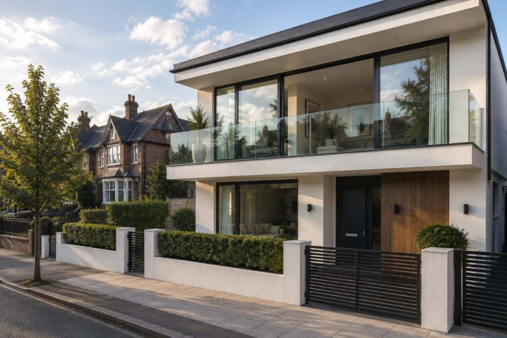 Modern two-story home with a glass balcony balustrade and landscaped front garden.