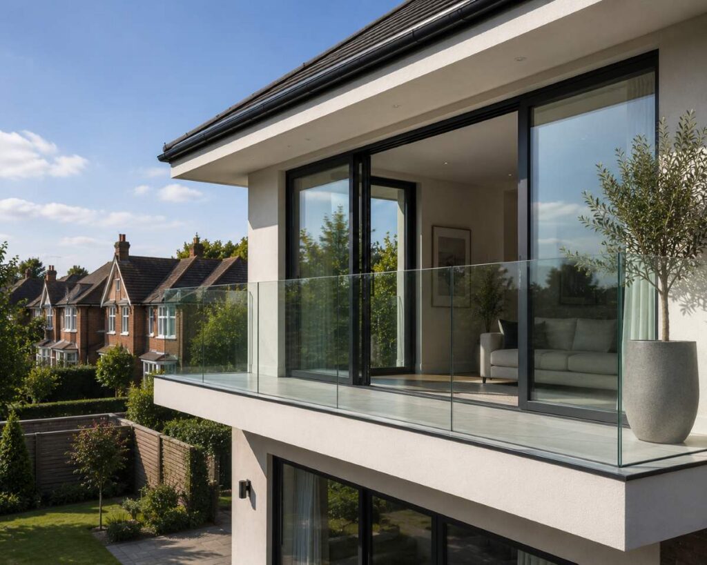 Modern home exterior with a glass balcony balustrade, large sliding doors, and a landscaped garden.