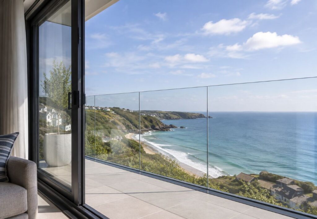 Oceanfront home with frameless glass balustrade balcony overlooking a sandy beach and blue sea.