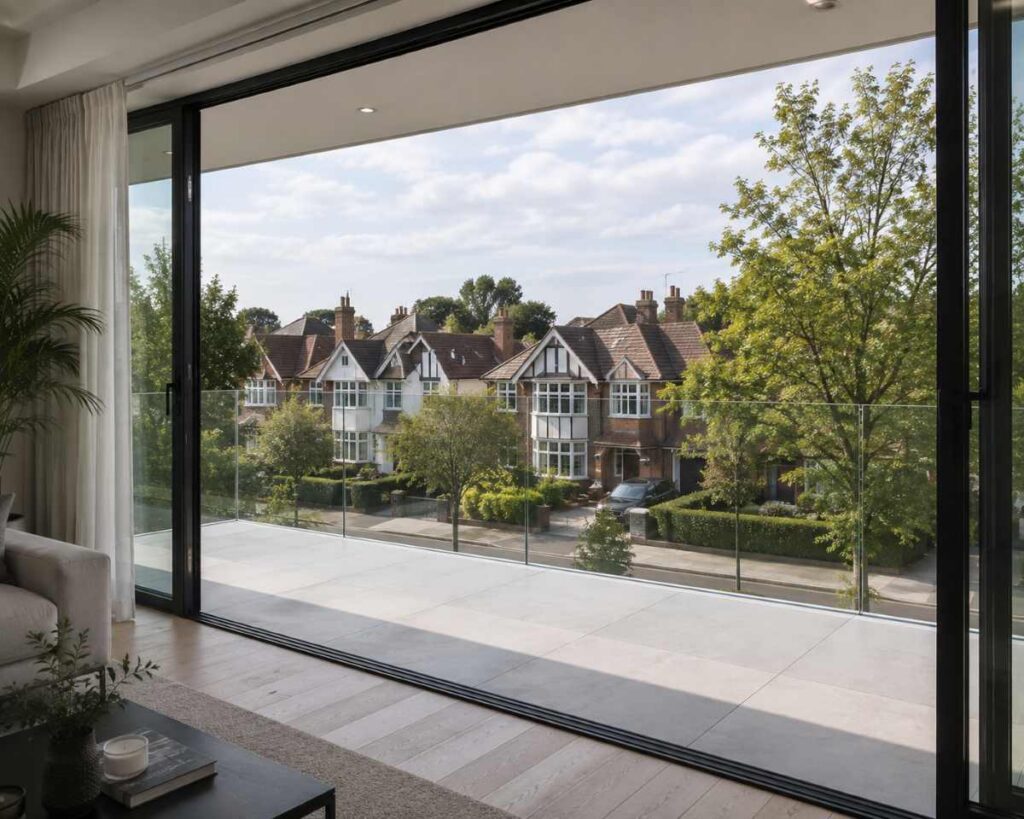 Glass balustrade on a modern balcony, overlooking traditional houses and trees.