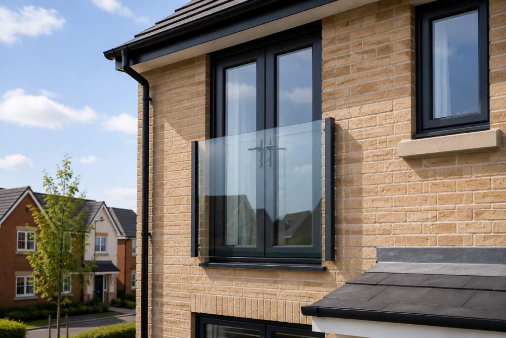 A modern two-story house with a Juliet Glass Balcony.