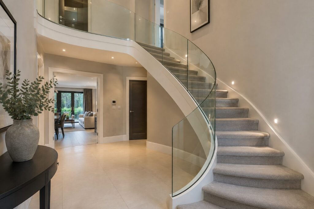Curved staircase with a frameless glass balustrade in a modern home.