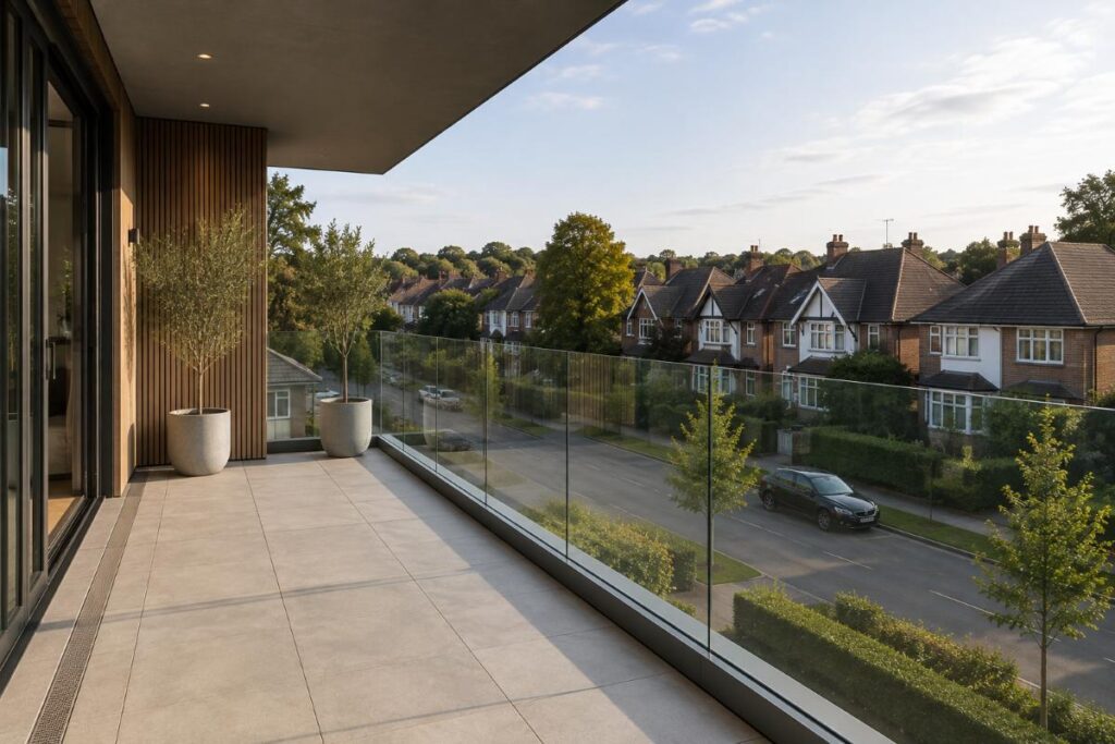 Modern balustrade glass balcony overlooking a residential neighborhood with tiled flooring and potted plants.
